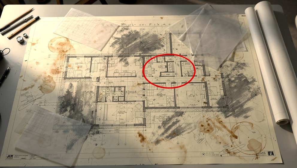 Architectural blueprint showing iteration marks and revisions, representing the messy process of building AI systems